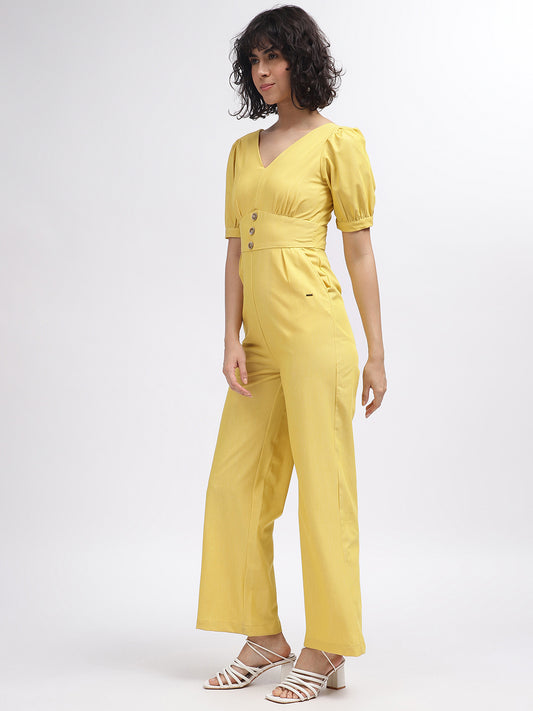 Elle Women Yellow Solid V-Neck Short Sleeves Jumpsuit