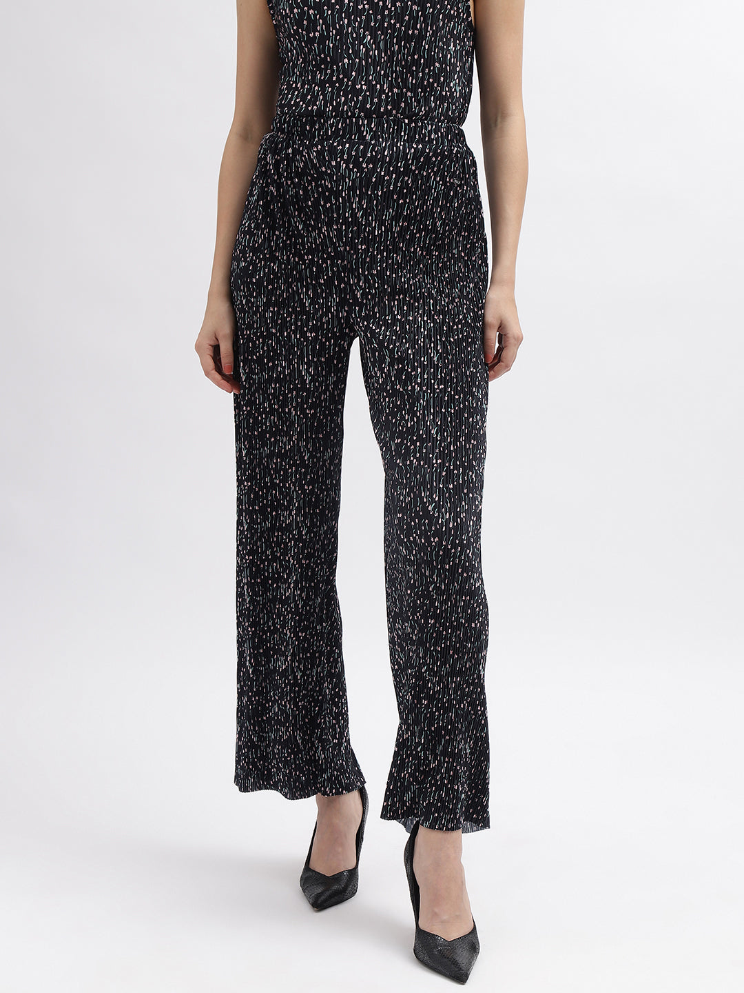 Elle Women Black Printed Flared High-Rise Trouser