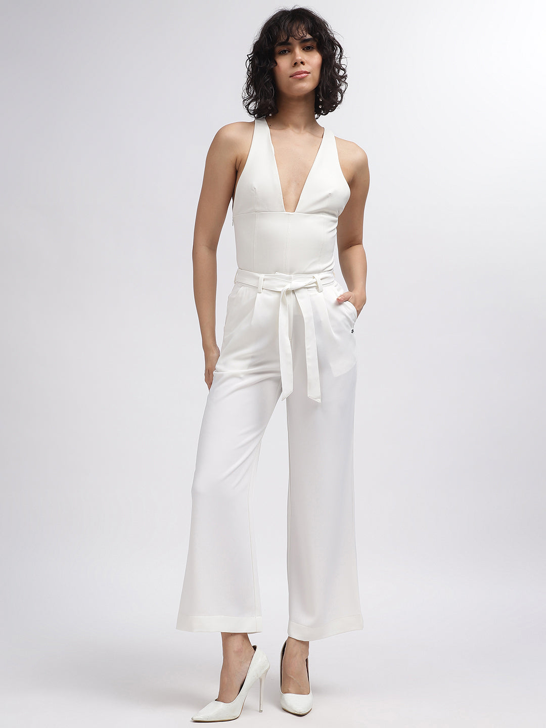 Elle Women Off White Solid Flared Trouser