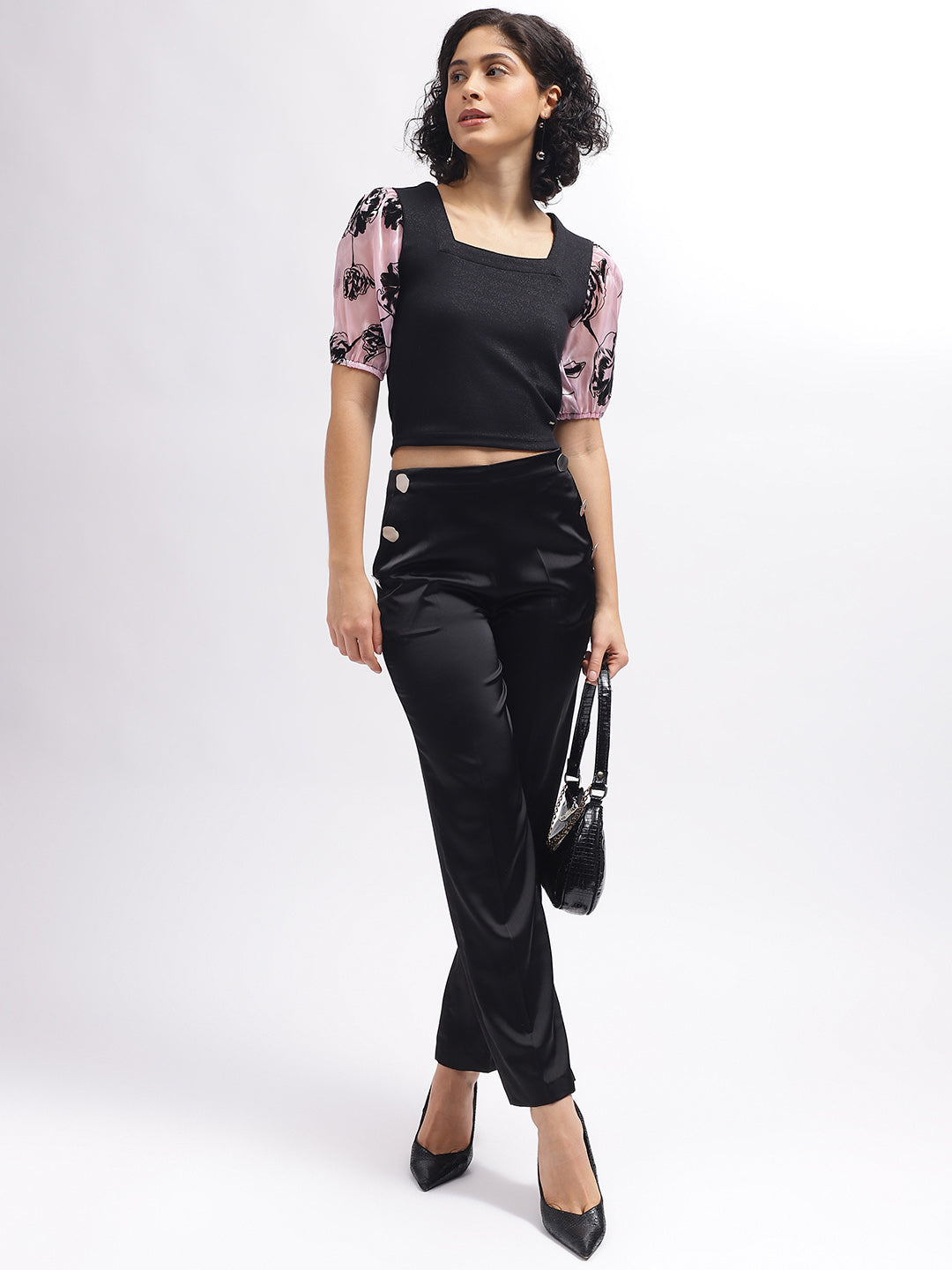 Elle Women Black Solid Flared High-Rise Trouser