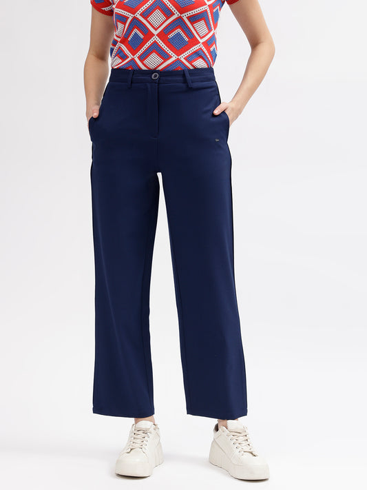 Elle Women Navy Blue Solid Straight Fit Mid-Rise Trouser