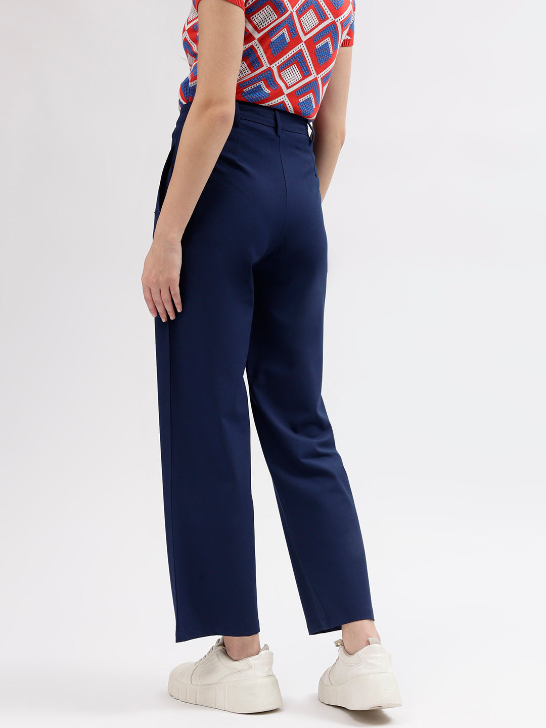 Elle Women Navy Blue Solid Straight Fit Mid-Rise Trouser