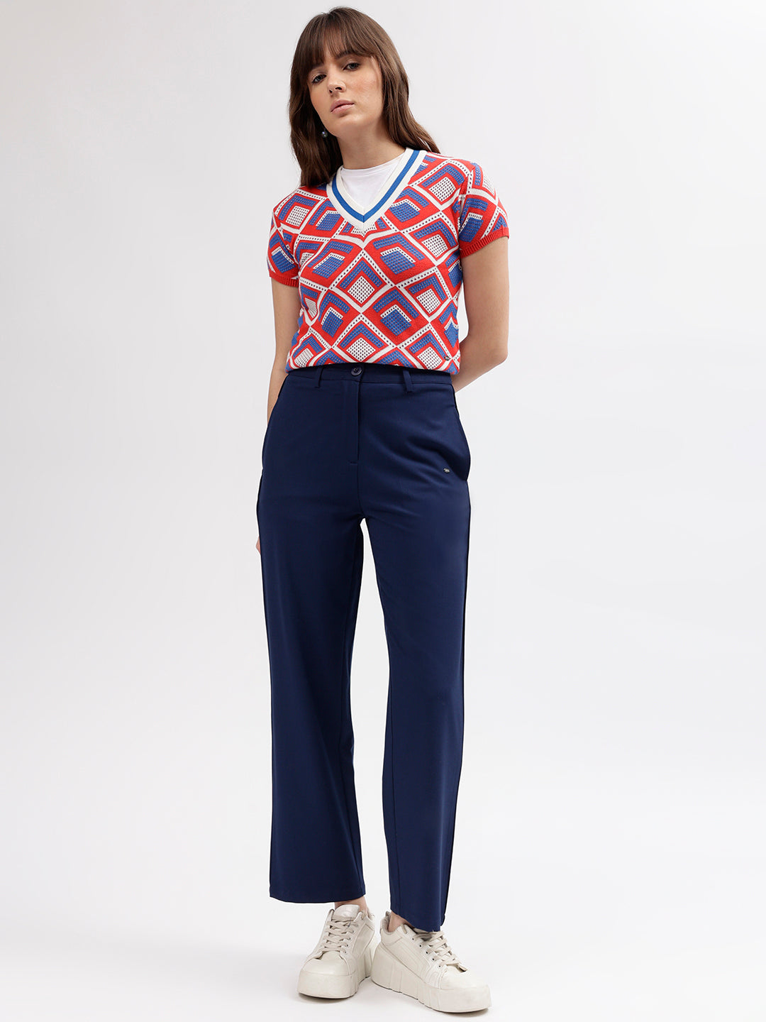 Elle Women Navy Blue Solid Straight Fit Mid-Rise Trouser