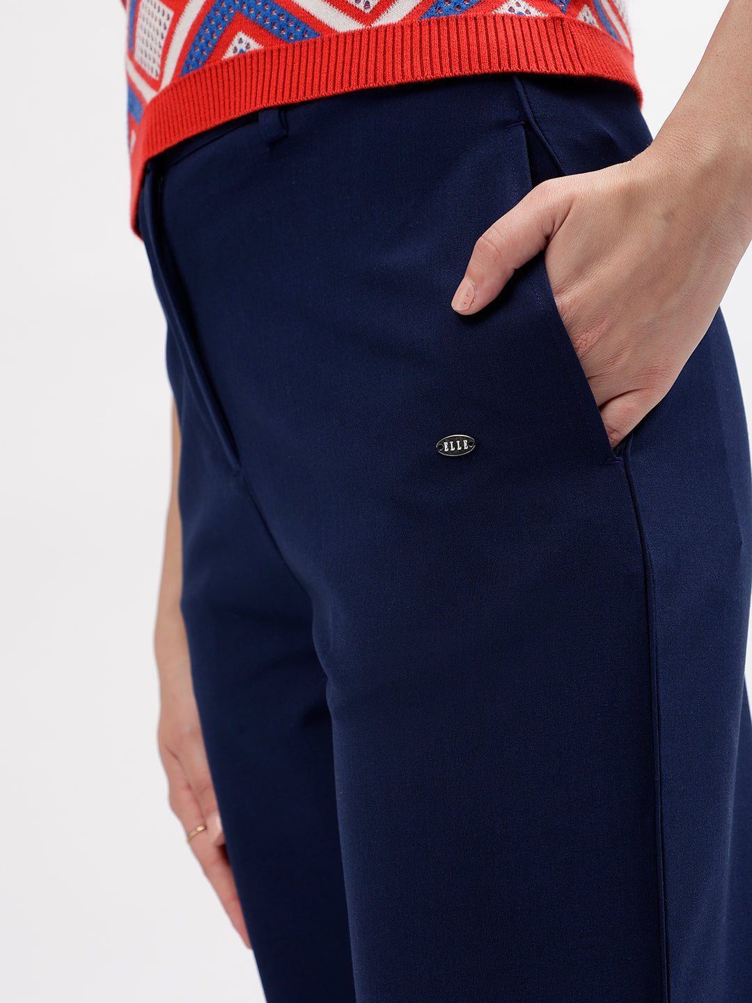 Elle Women Navy Blue Solid Straight Fit Mid-Rise Trouser