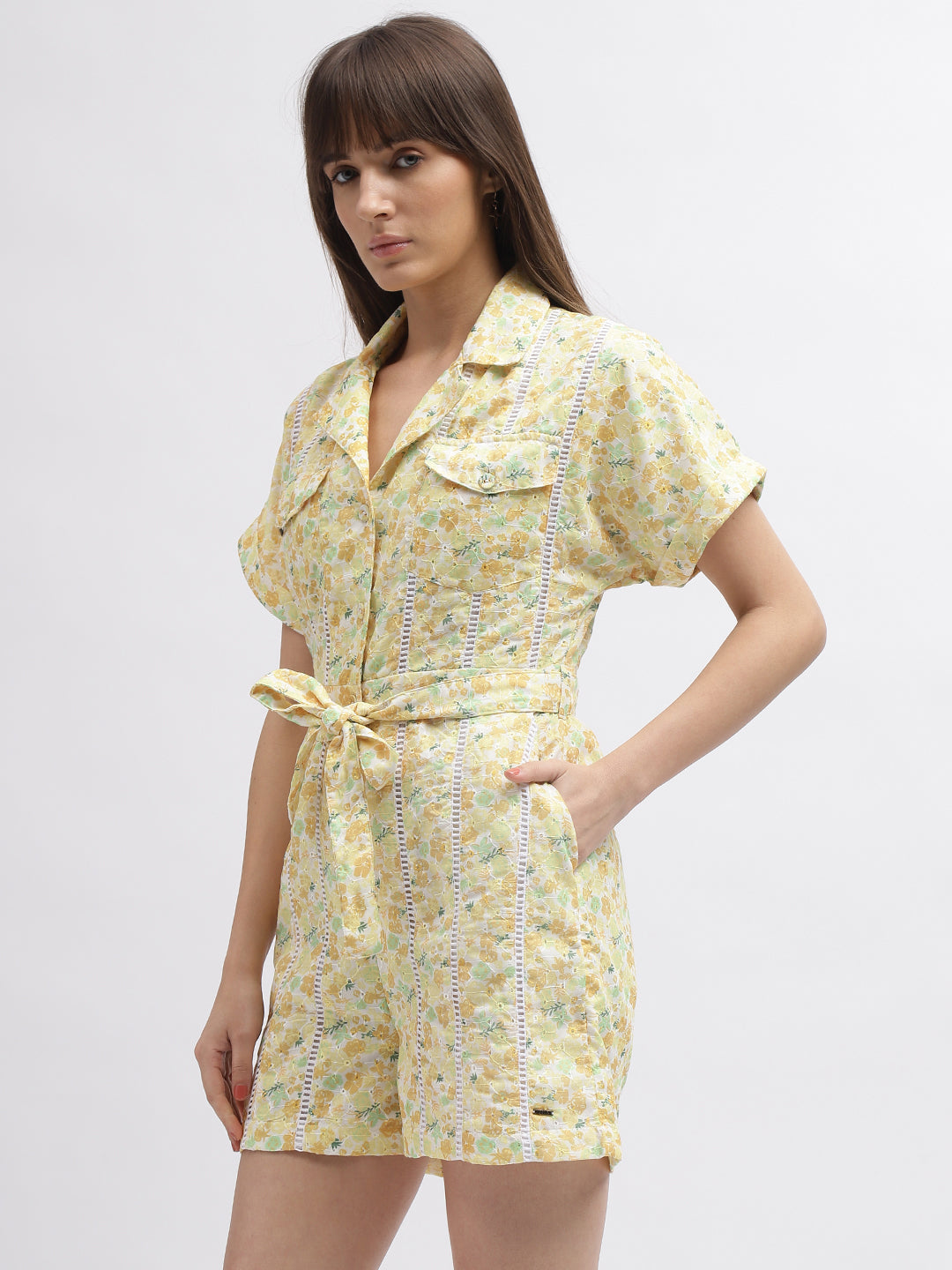 Elle Women Yellow Printed Cuban Collar Short Sleeves Playsuit