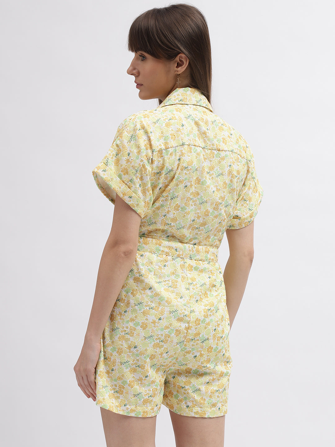 Elle Women Yellow Printed Cuban Collar Short Sleeves Playsuit