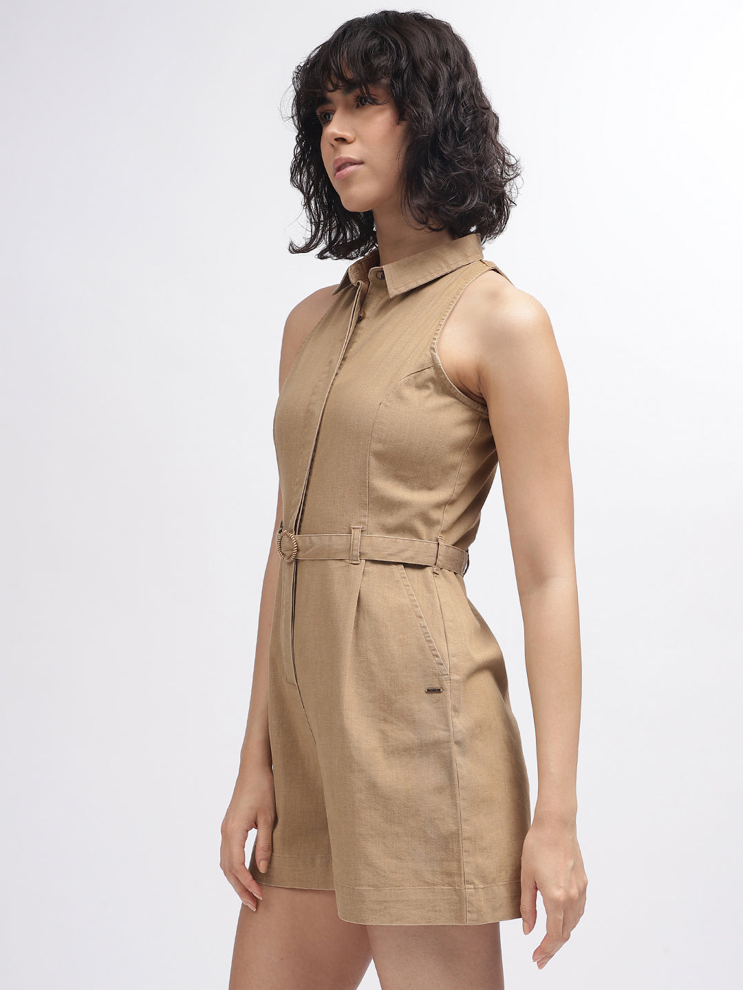 Elle Women Beige Solid Spread Collar Sleeveless Playsuit