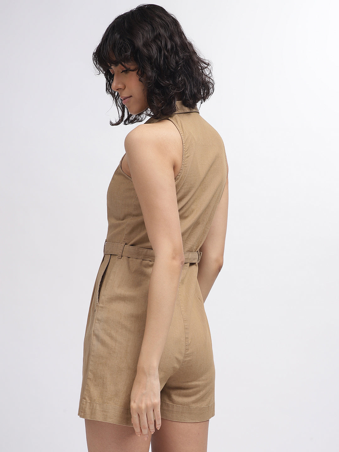 Elle Women Beige Solid Spread Collar Sleeveless Playsuit