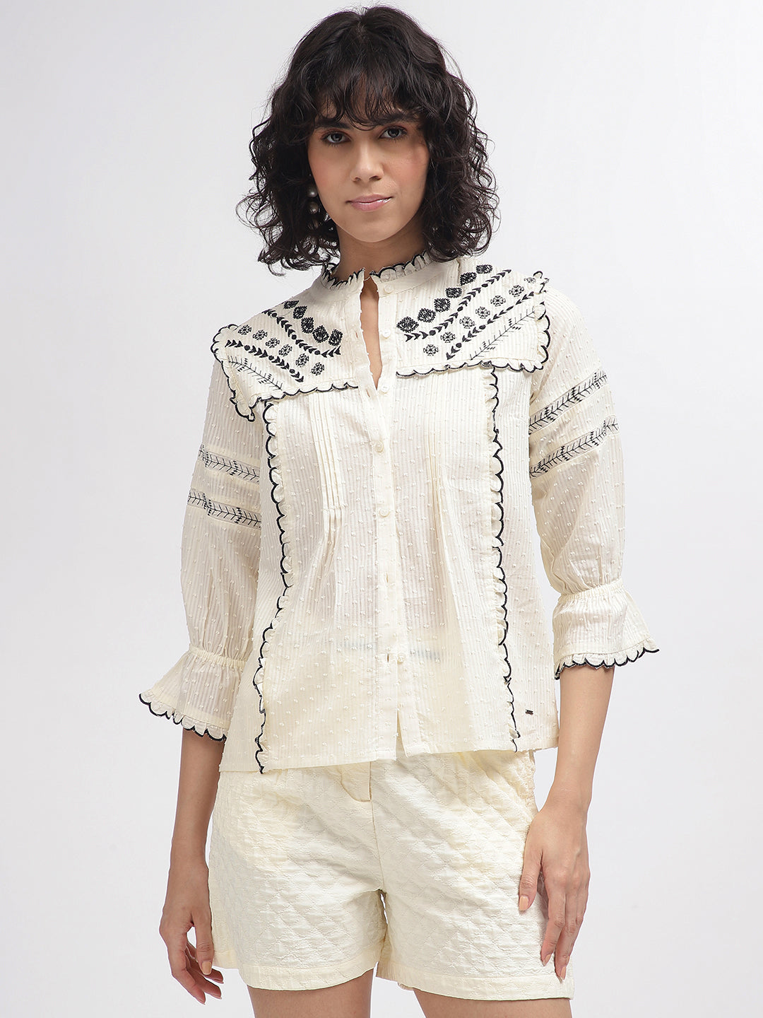 Elle Women Off White Embroidered Band Collar 3/4Th Sleeves Top