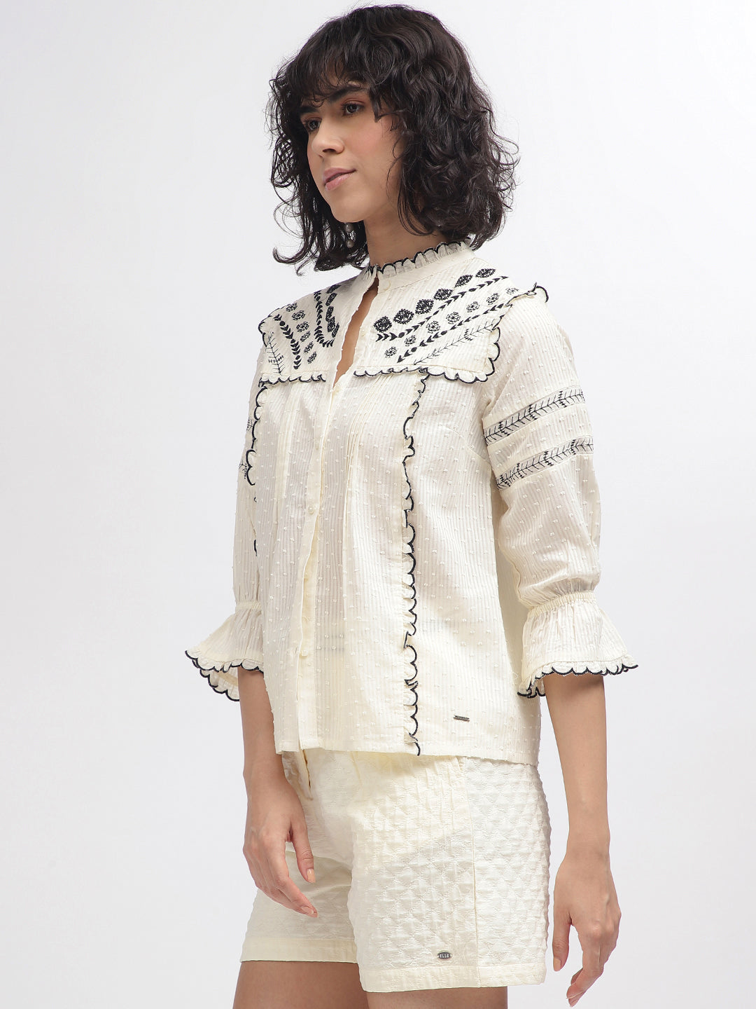 Elle Women Off White Embroidered Band Collar 3/4Th Sleeves Top