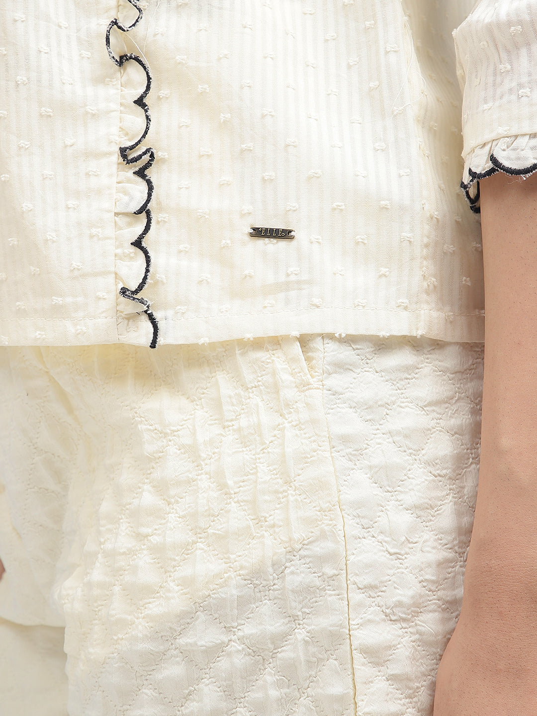 Elle Women Off White Embroidered Band Collar 3/4Th Sleeves Top