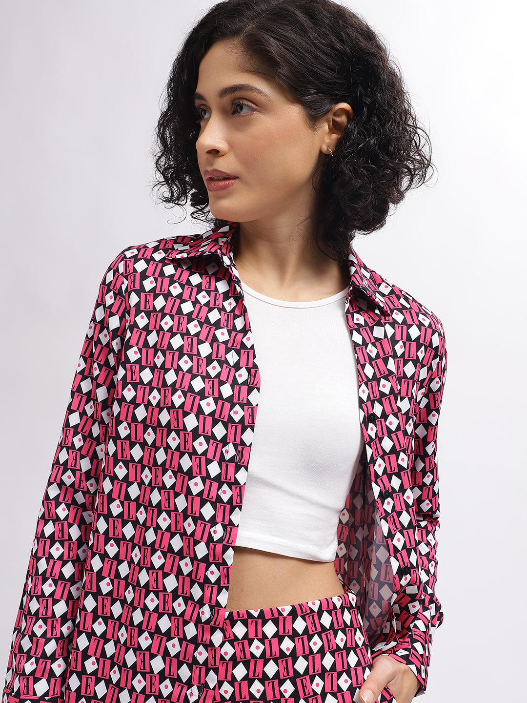 Elle Women Pink Printed Spread Collar Full Sleeves Shirt