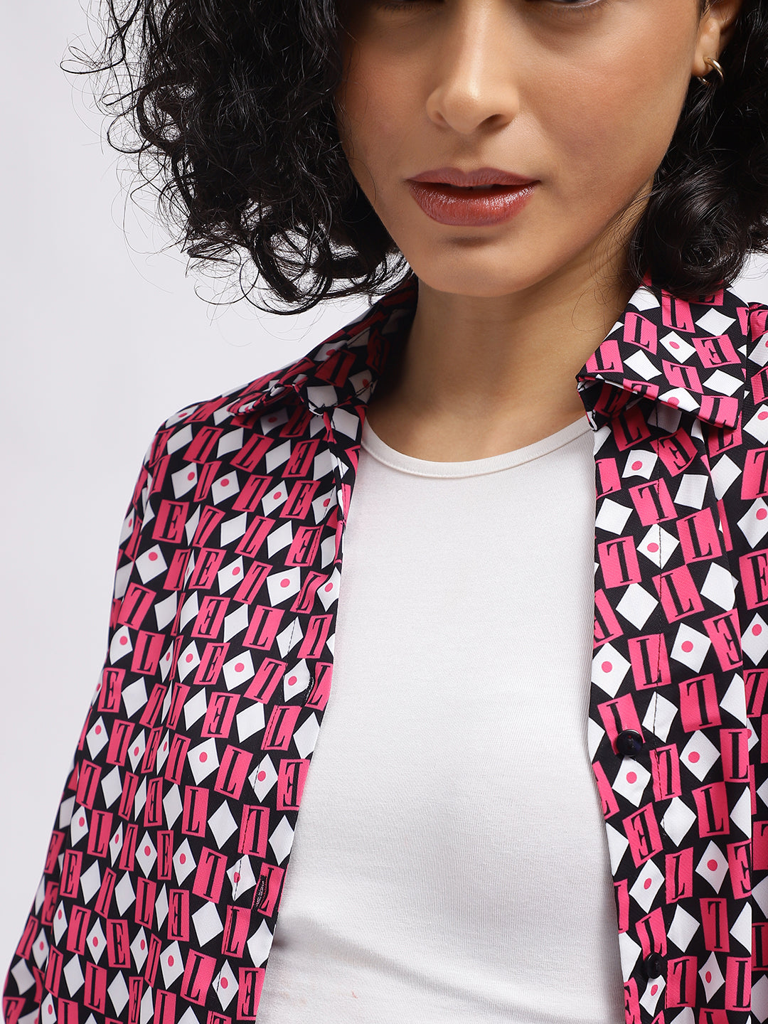 Shop Elle Women Pink Printed Spread Collar Full Sleeves Shirt
