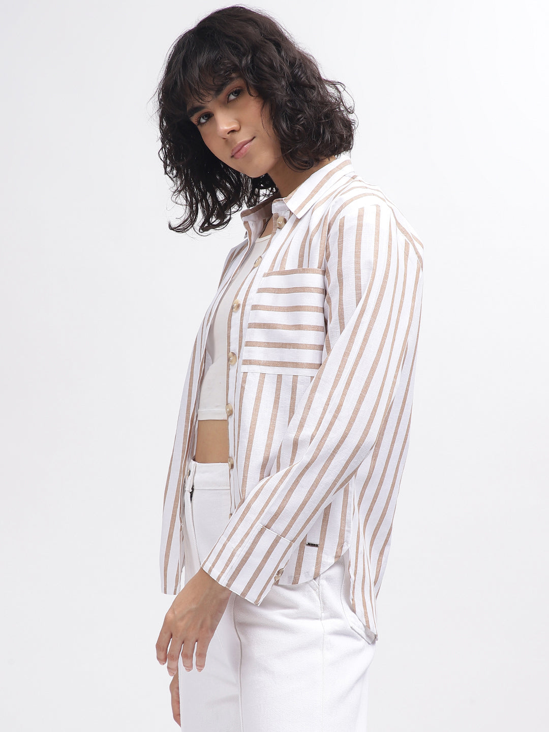 Elle Women White Striped Spread Collar Full Sleeves Shirt