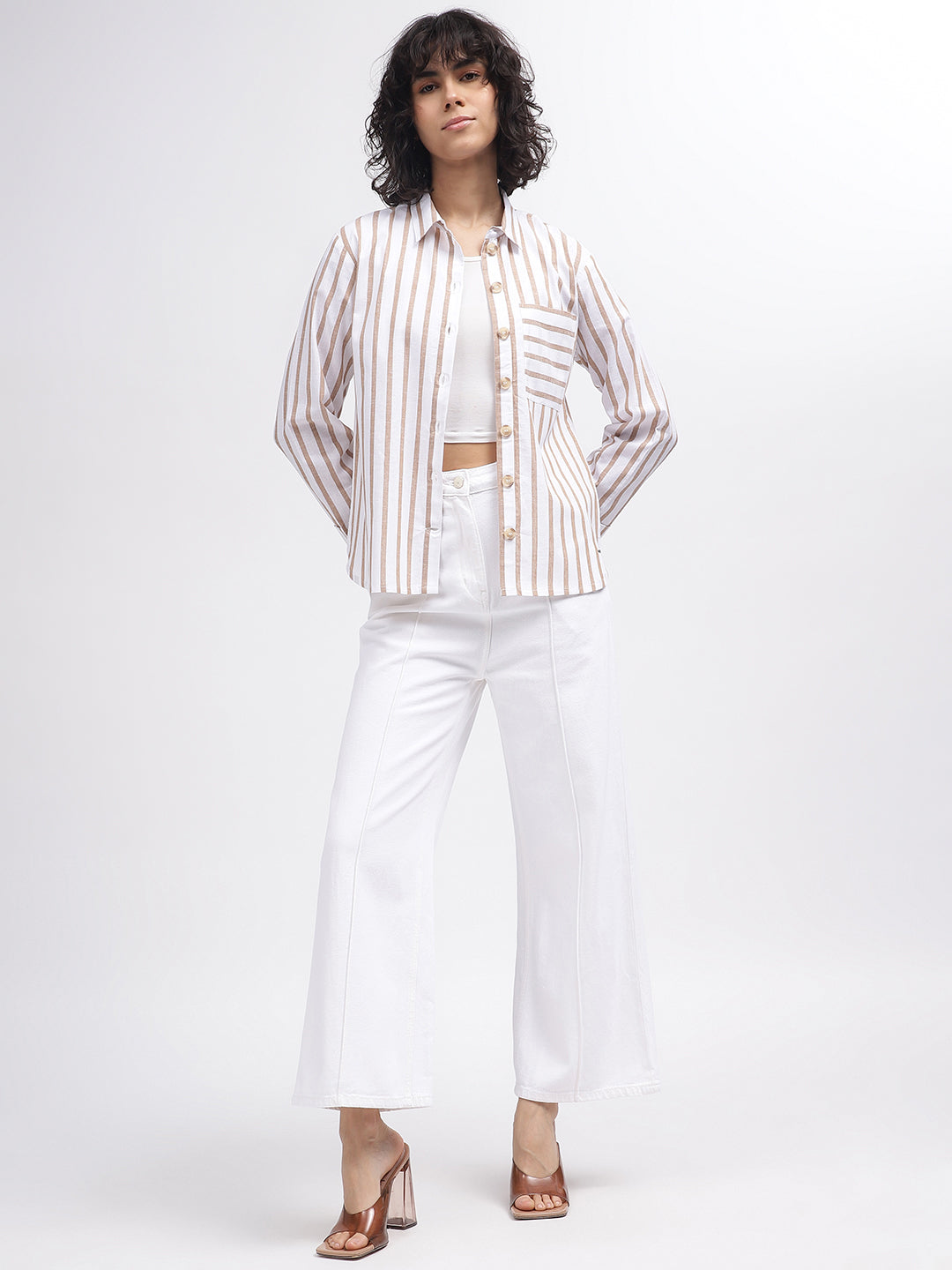 Elle Women White Striped Spread Collar Full Sleeves Shirt