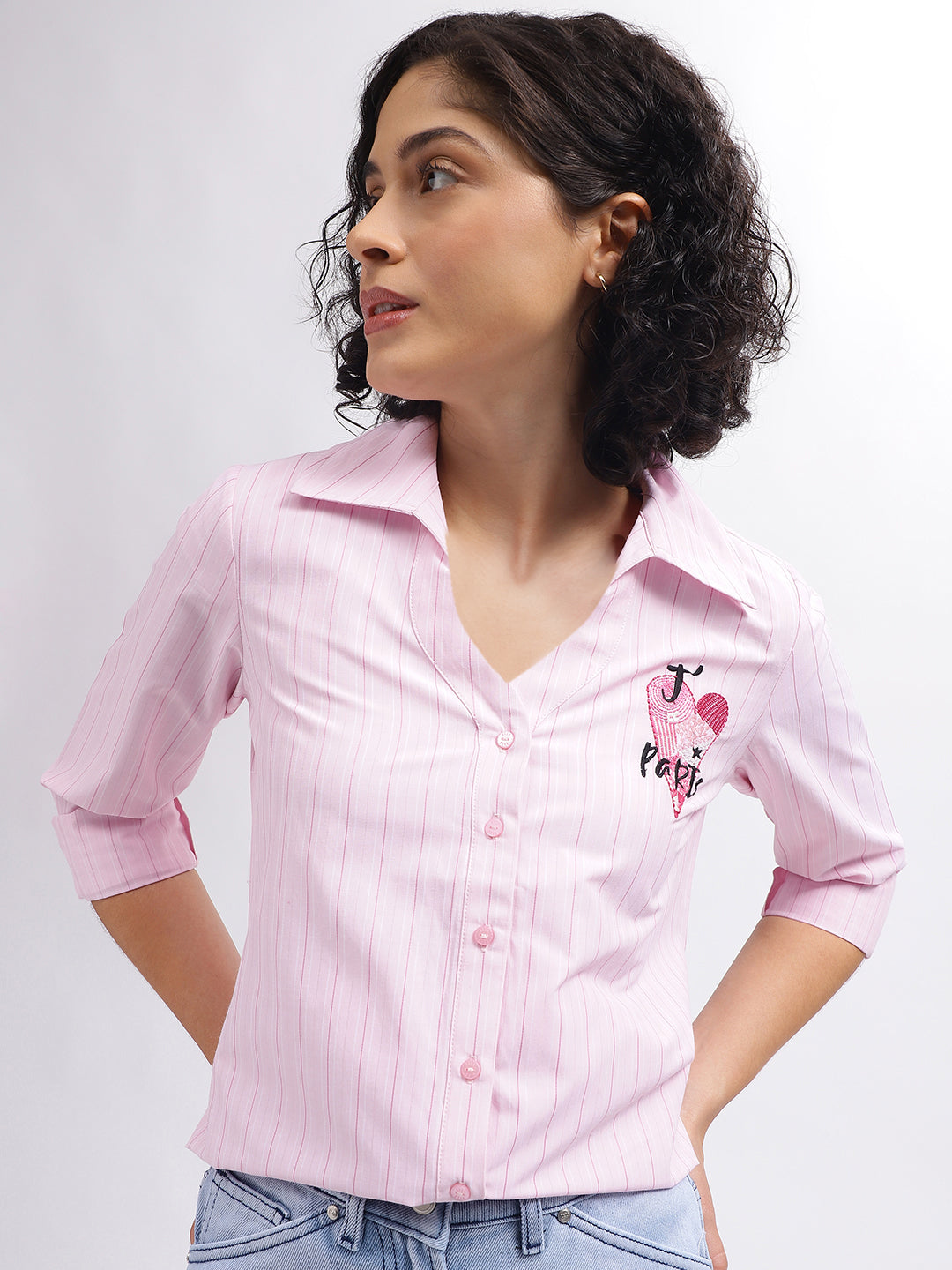 elle様 Shop Elle Women Pink Striped Spread Collar Full Sleeves Shirt