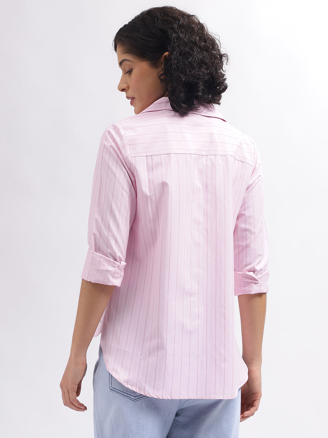 Shop Elle Women Pink Striped Spread Collar Full Sleeves Shirt