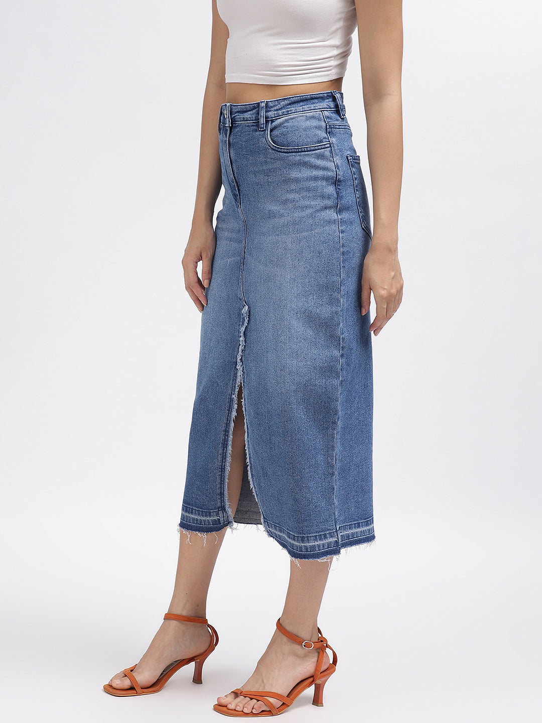 Elle Women Blue Solid Fitted Skirt