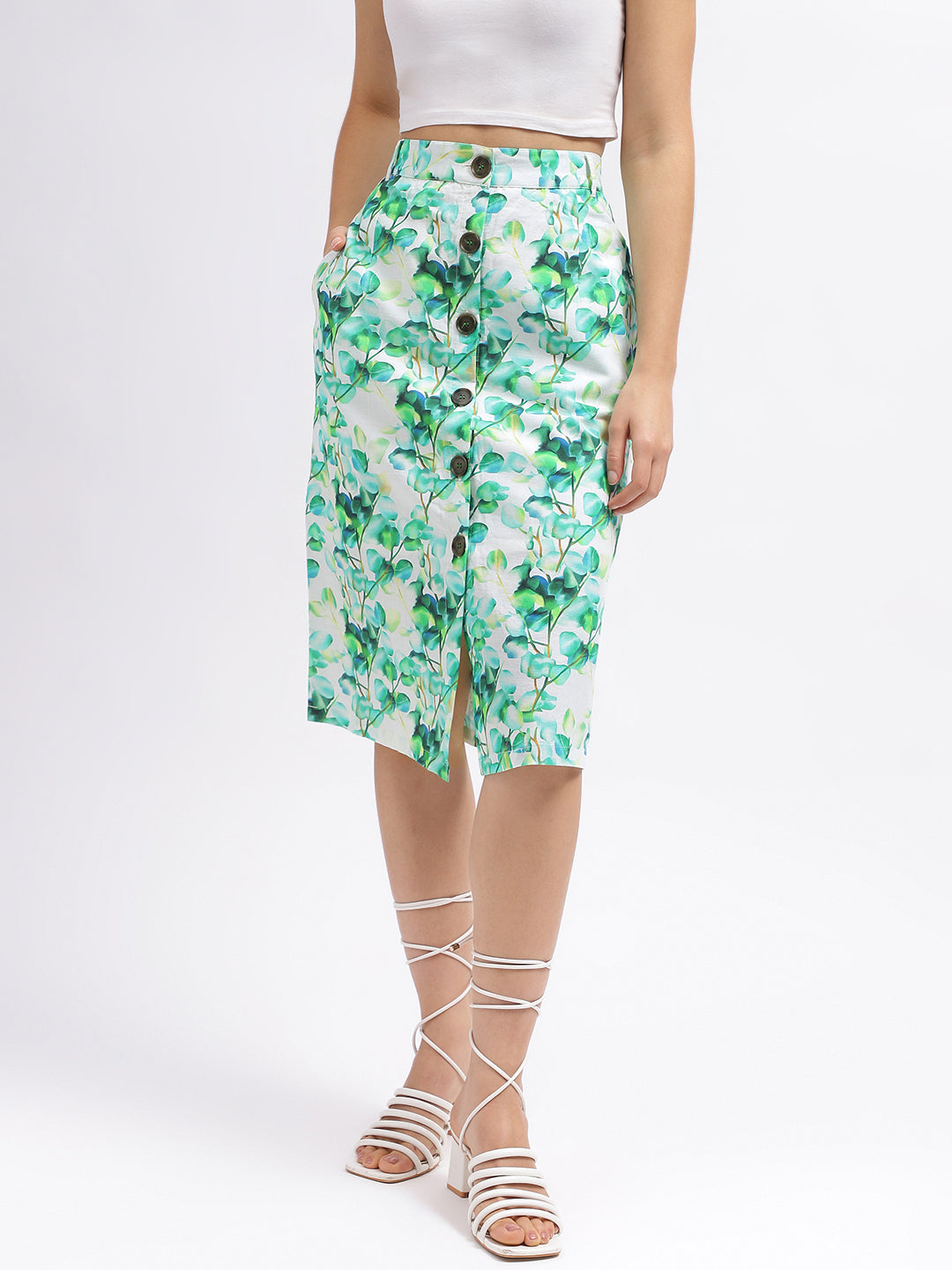 Elle Women Green Printed Regular Fit Mid-Rise Skirt