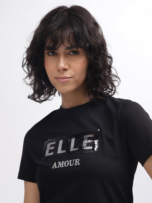 Elle Women Black Embellished Round Neck Short Sleeves T-Shirt