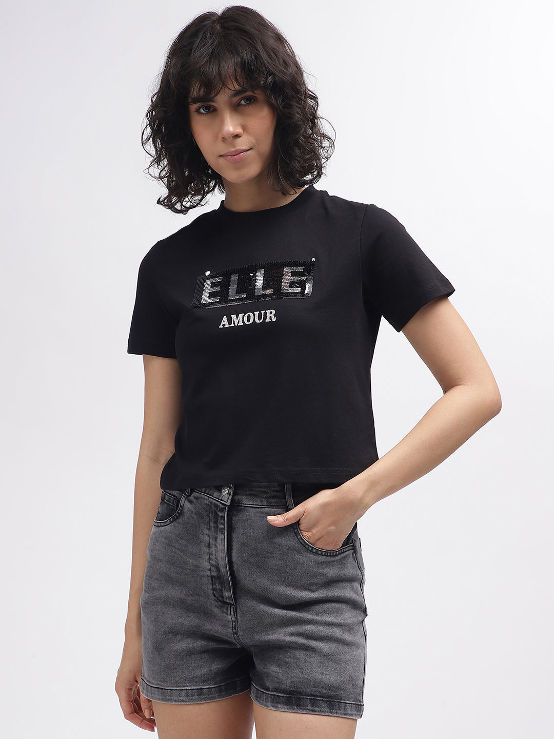 Elle Women Black Embellished Round Neck Short Sleeves T-Shirt