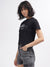 Elle Women Black Embellished Round Neck Short Sleeves T-Shirt