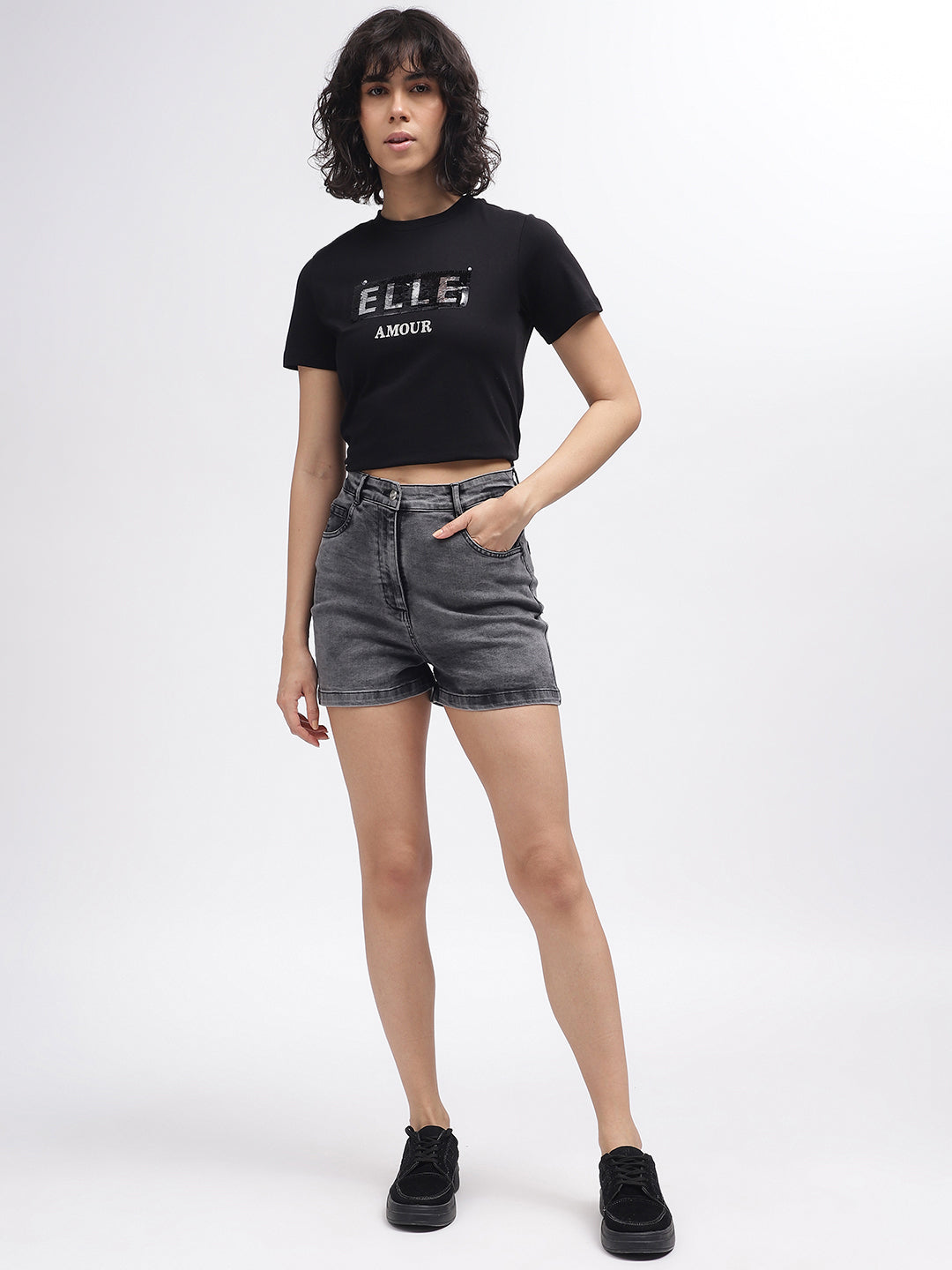 Elle Women Black Embellished Round Neck Short Sleeves T-Shirt