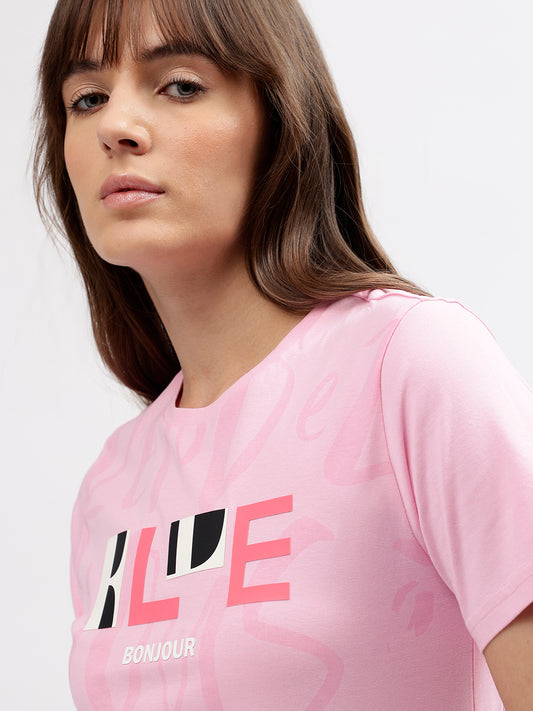 Elle Women Pink Printed Round Neck Short Sleeves T-shirt