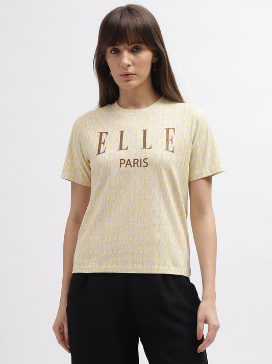 Elle Women Cream Printed Round Neck Short Sleeves Tshirt