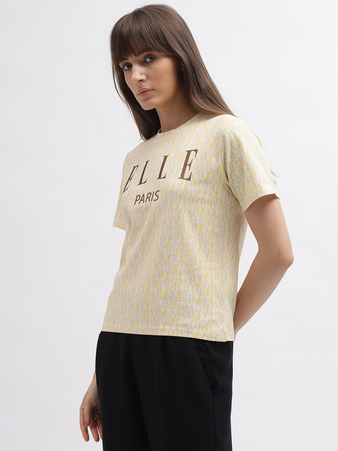 Elle Women Cream Crew Neck Tshirt