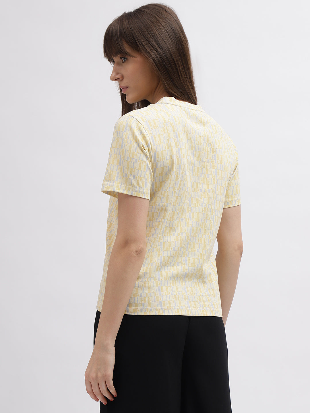 Elle Women Cream Printed Round Neck Short Sleeves Tshirt