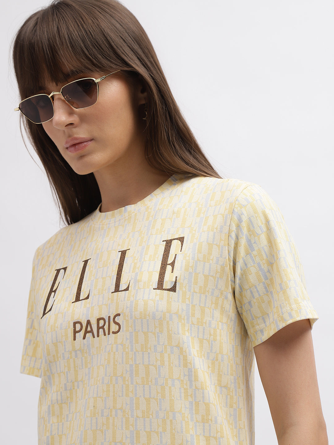 Elle Women Cream Printed Round Neck Short Sleeves Tshirt