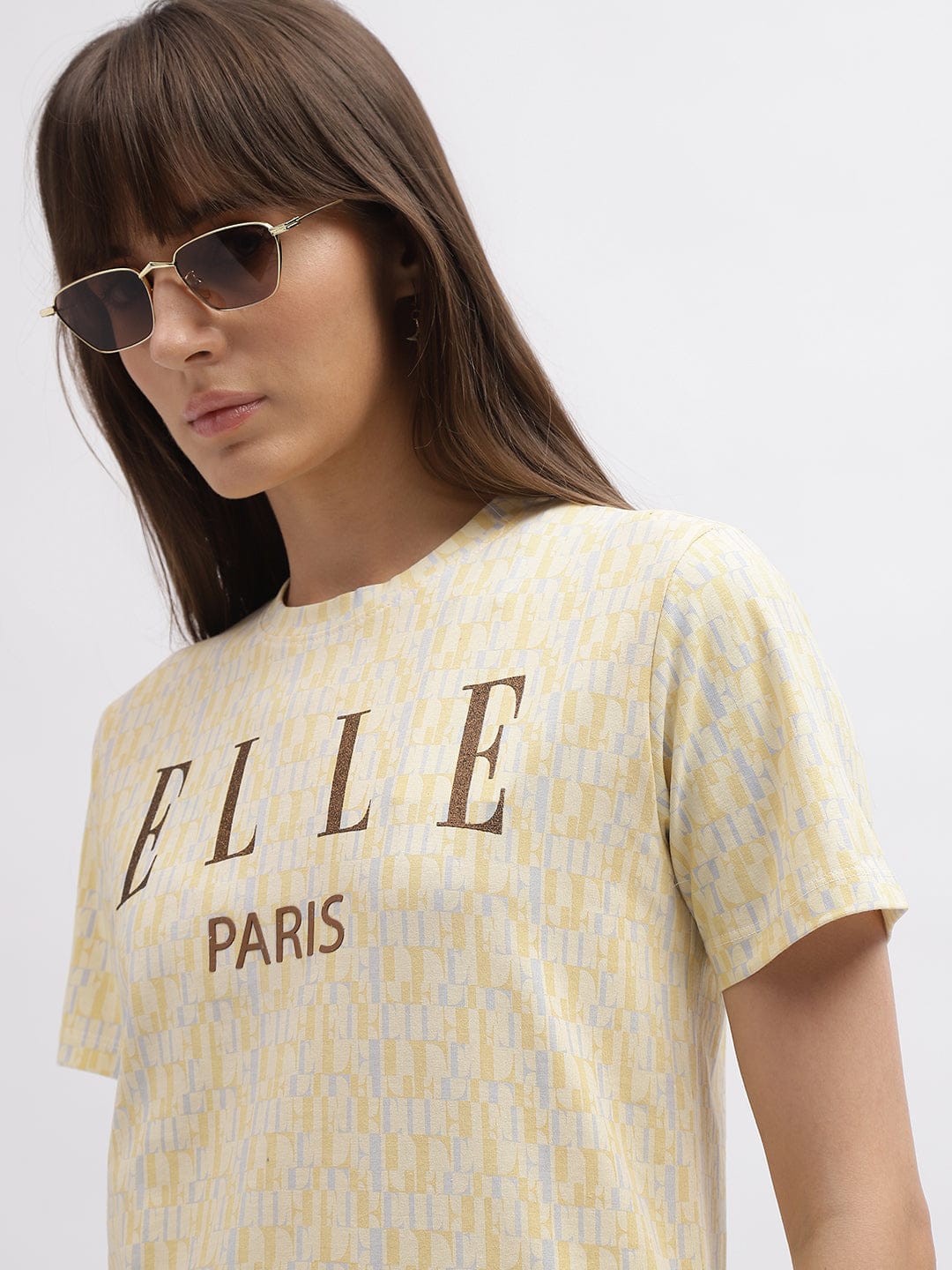 Elle Women Cream Crew Neck Tshirt