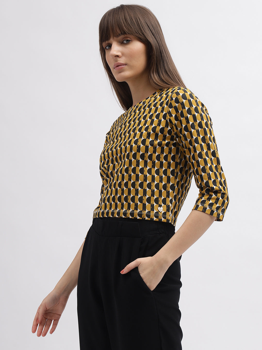 Elle Women Mustard Printed Round Neck 3/4th Sleeves Tshirt