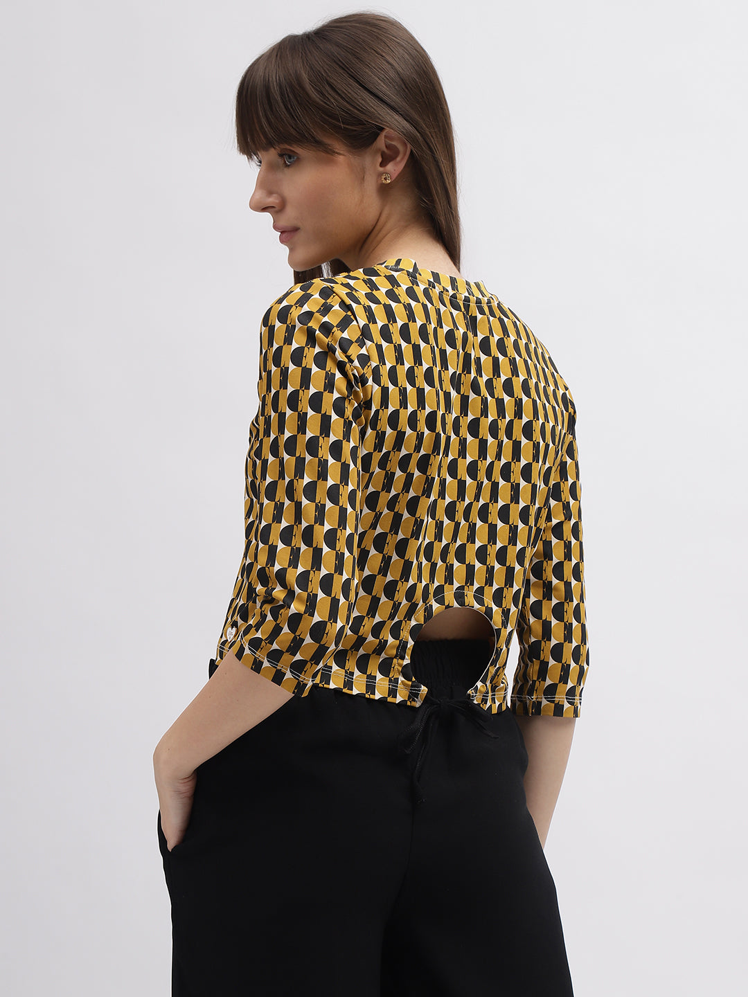 Elle Women Mustard Printed Round Neck 3/4th Sleeves Tshirt