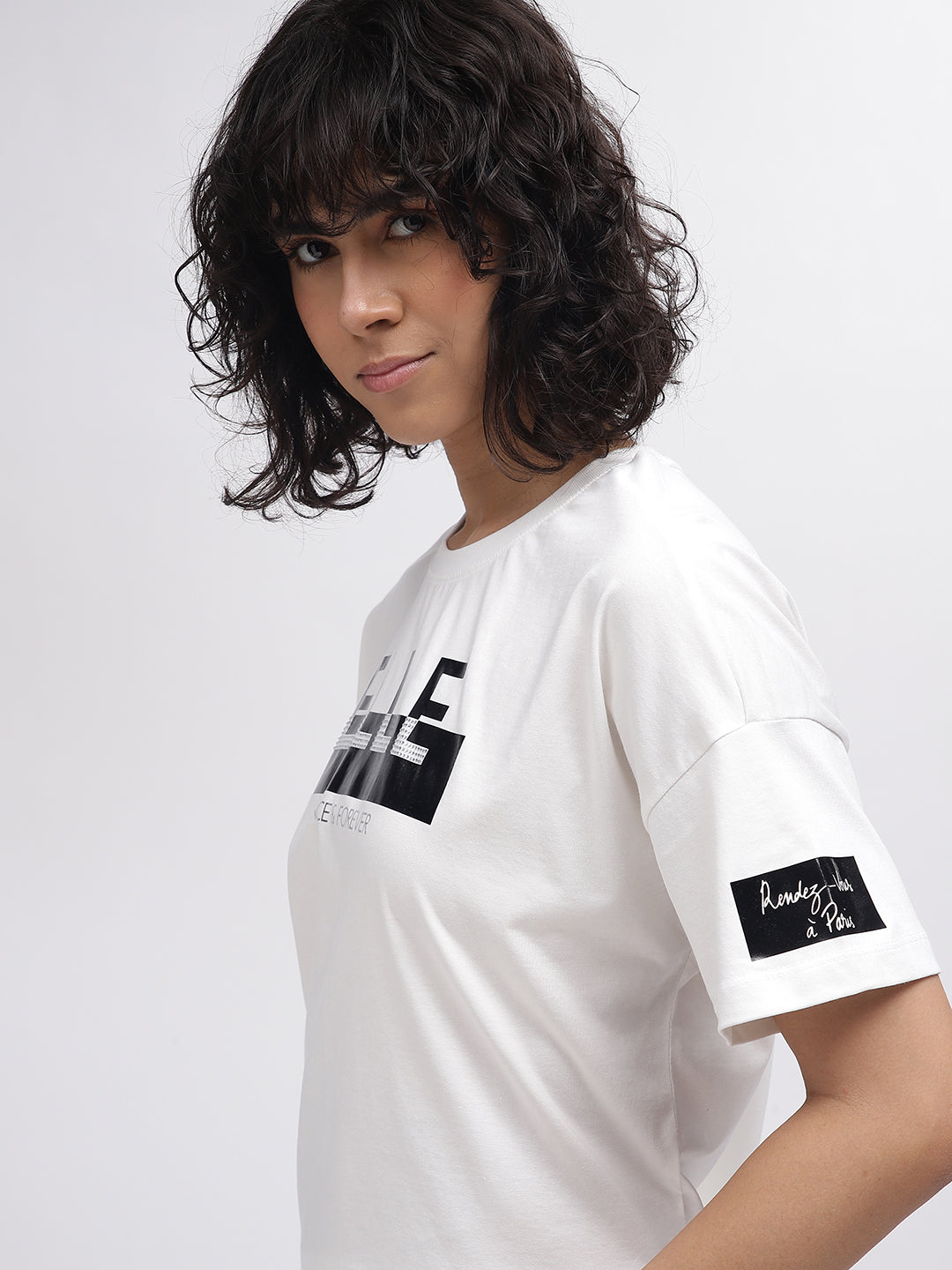 Elle Women White Printed Round Neck Short Sleeves T-Shirt