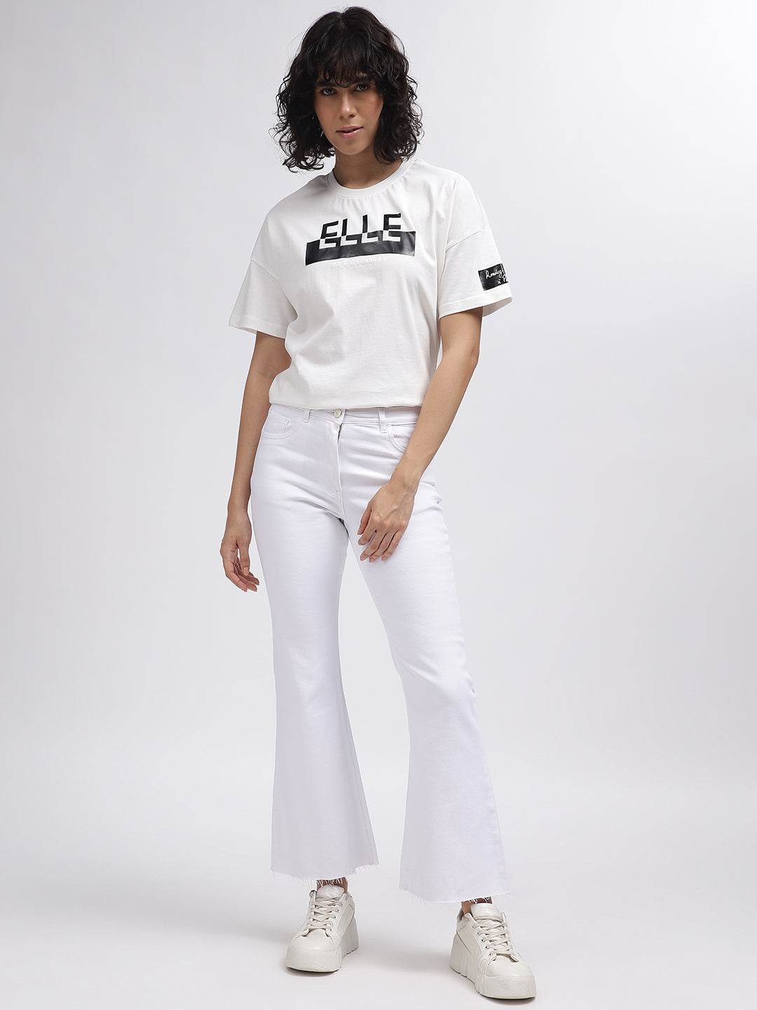 Elle Women White Printed Round Neck Short Sleeves T-Shirt