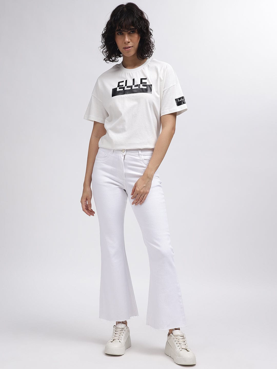 Elle Women White Crew Neck Tshirt