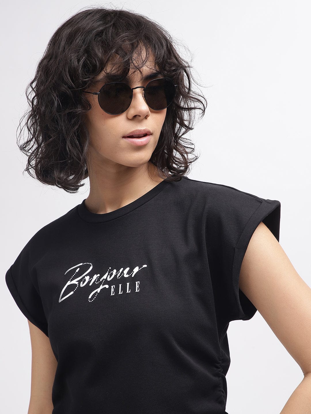 Elle Women Black Crew Neck Tshirt