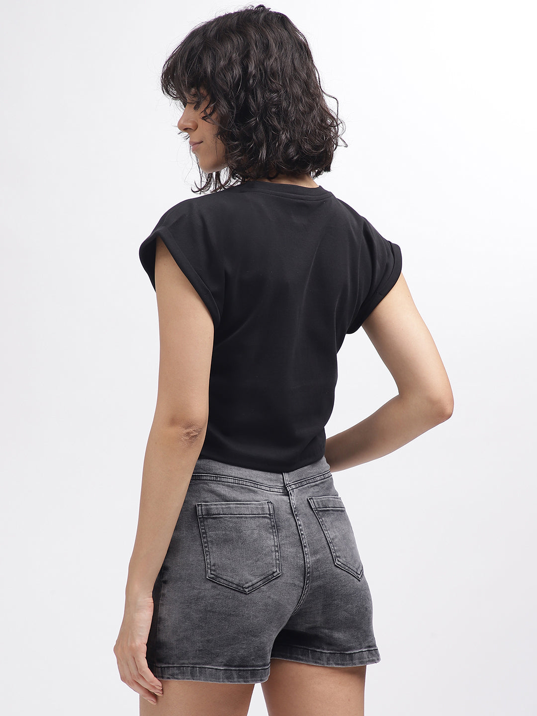 Elle Women Black Printed Round Neck Short Sleeves T-Shirt