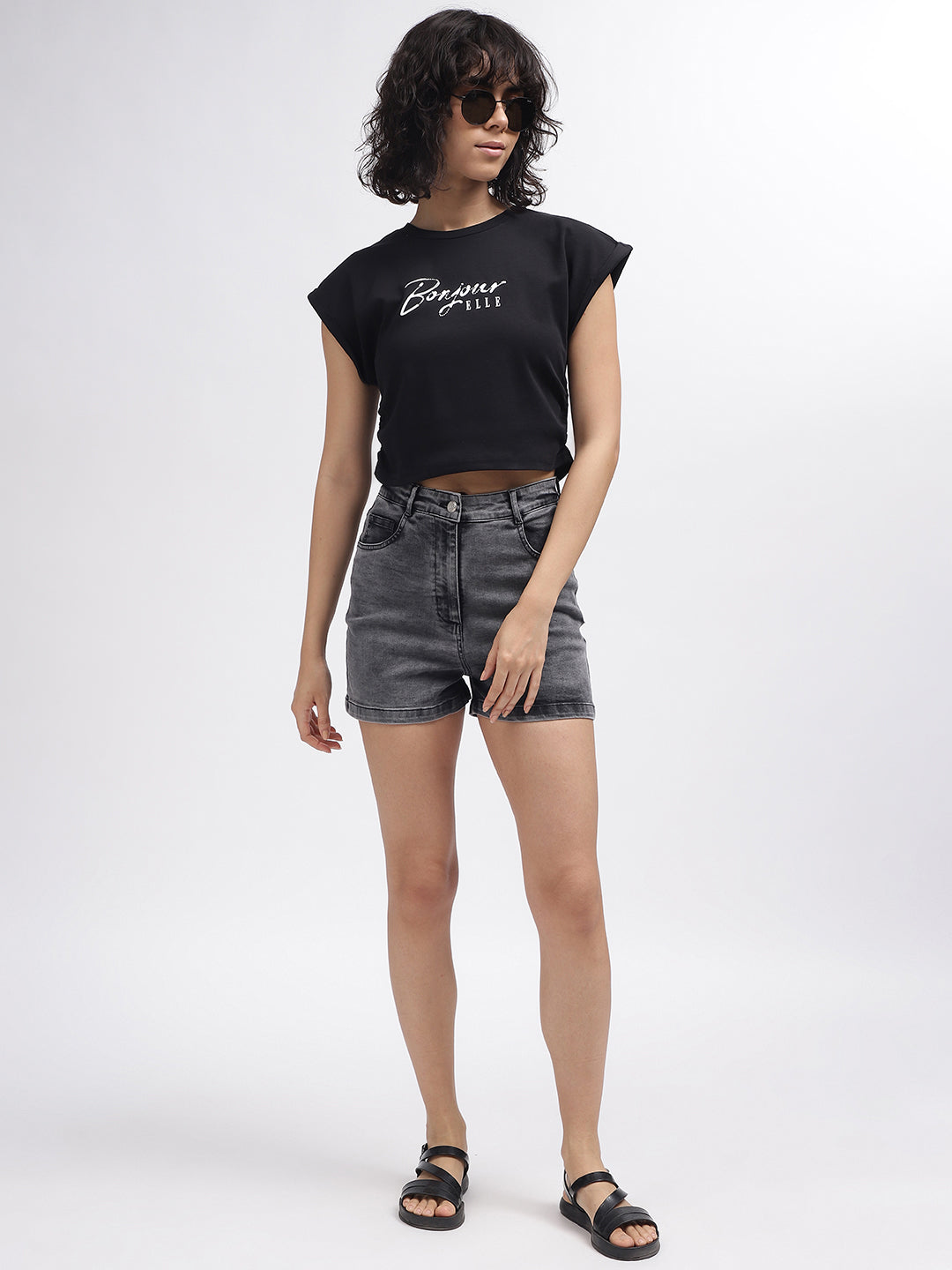 Elle Women Black Printed Round Neck Short Sleeves T-Shirt