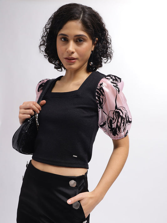 Elle Women Black Square Neck Tshirt