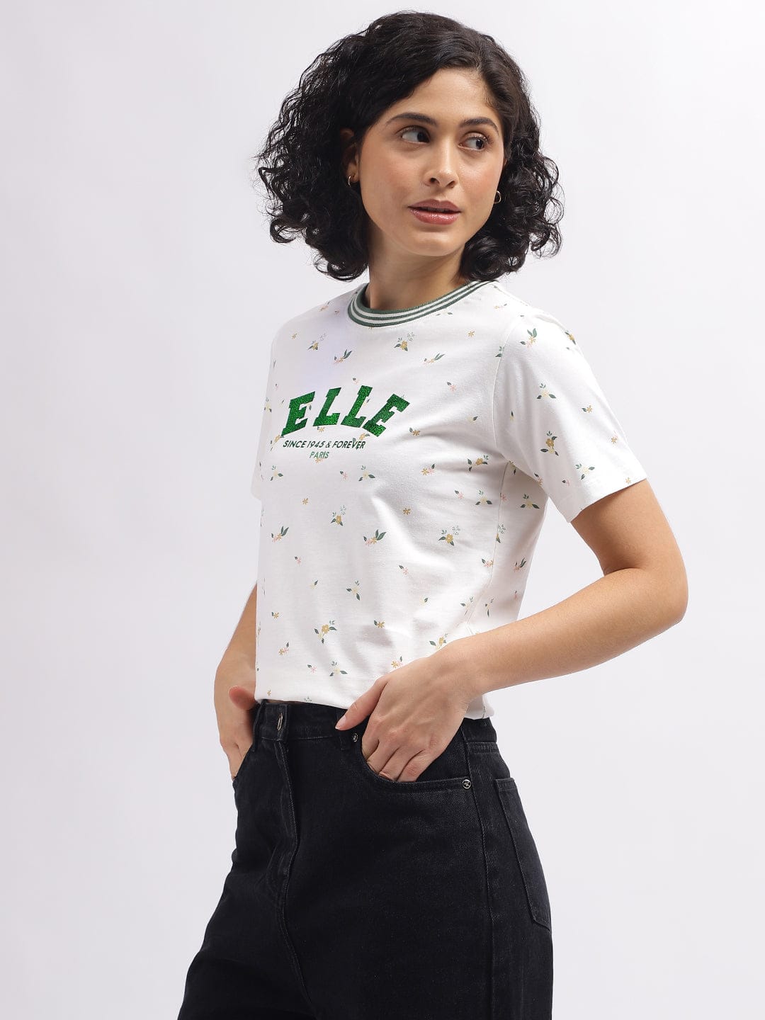 Elle Women White Crew Neck Tshirt
