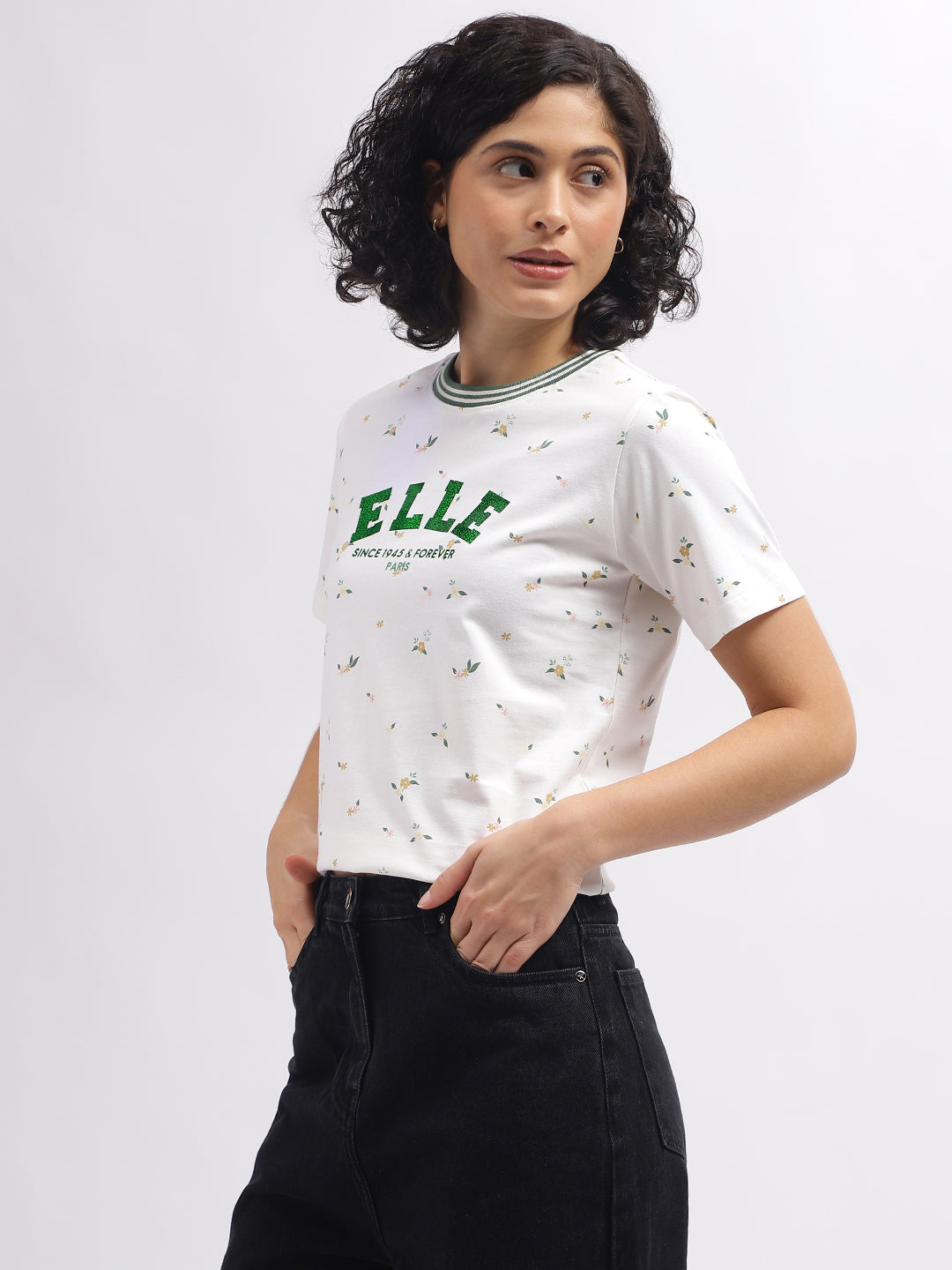 Elle Women White Crew Neck Tshirt