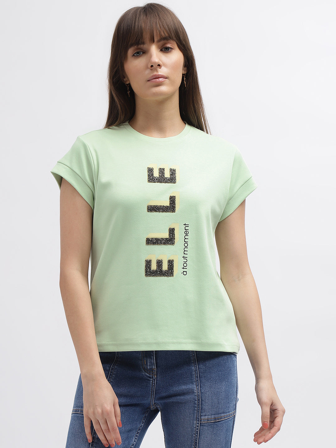 Elle Women Green Printed Round Neck Short Sleeves Tshirt