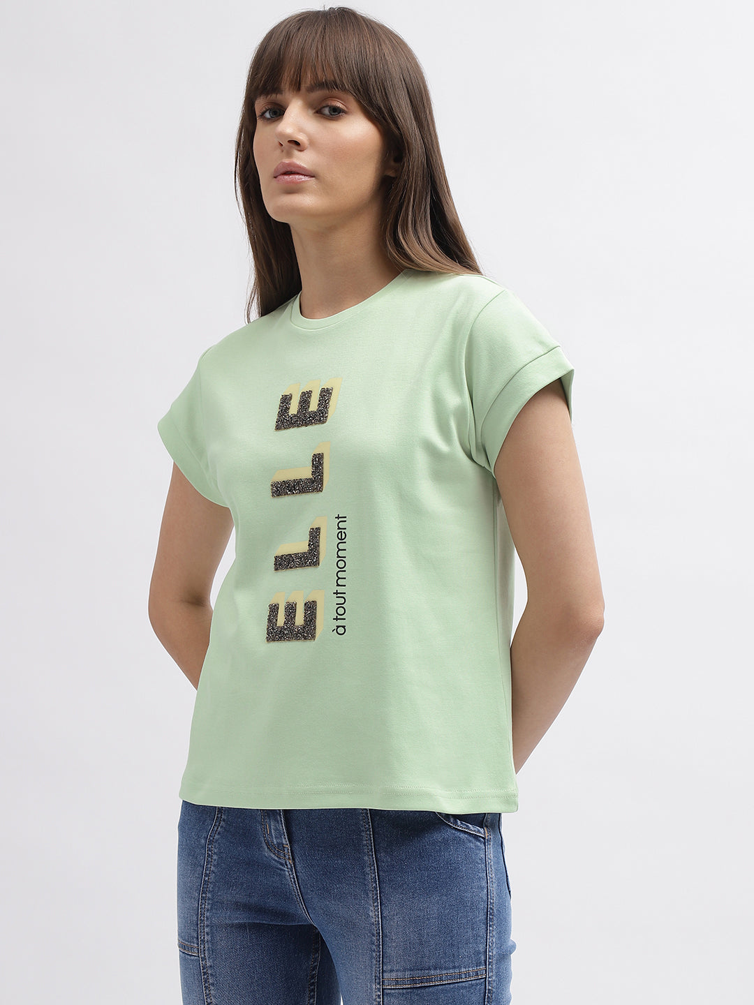 Elle Women Green Printed Round Neck Short Sleeves Tshirt
