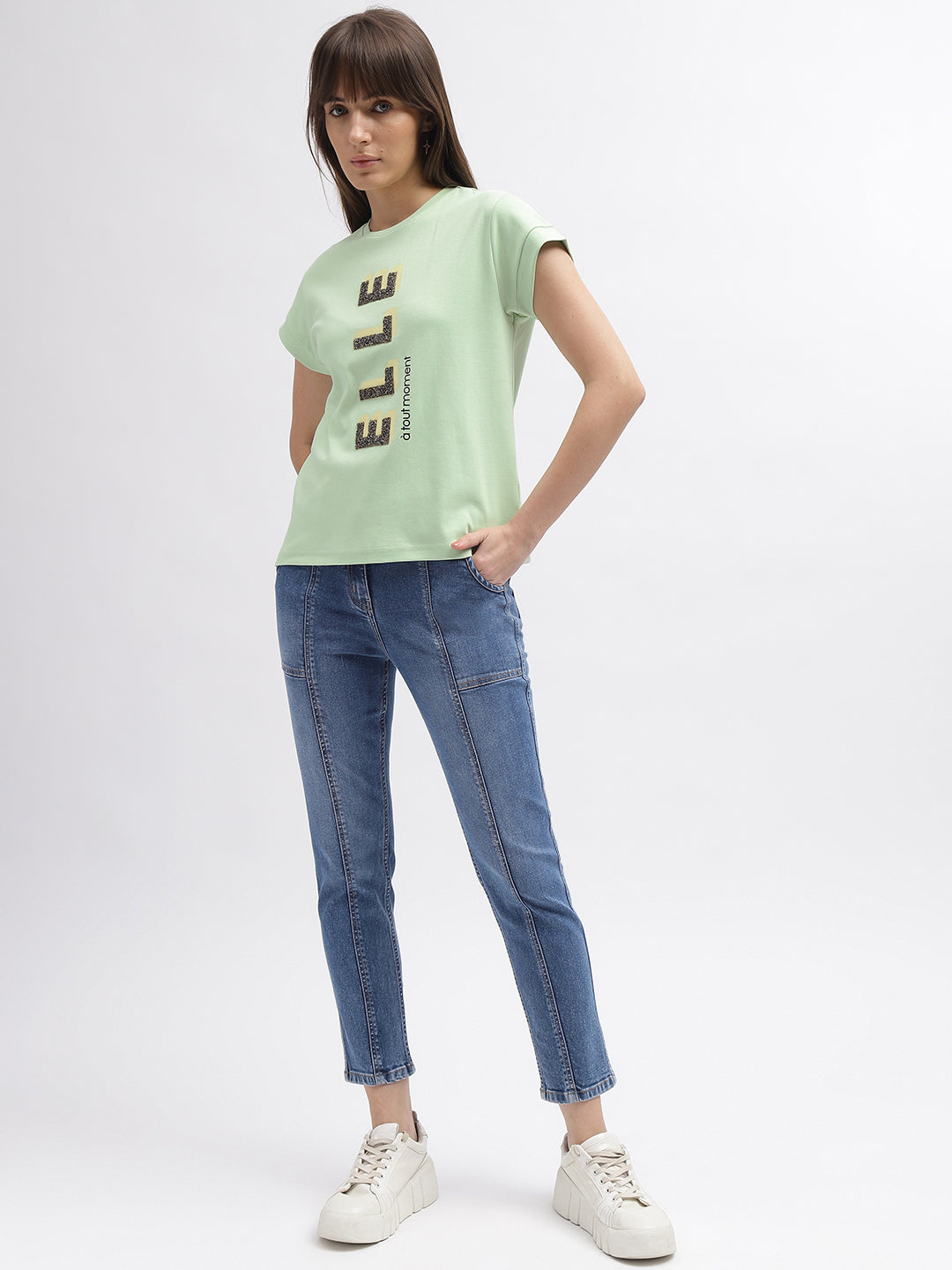 Elle Women Green Printed Round Neck Short Sleeves Tshirt