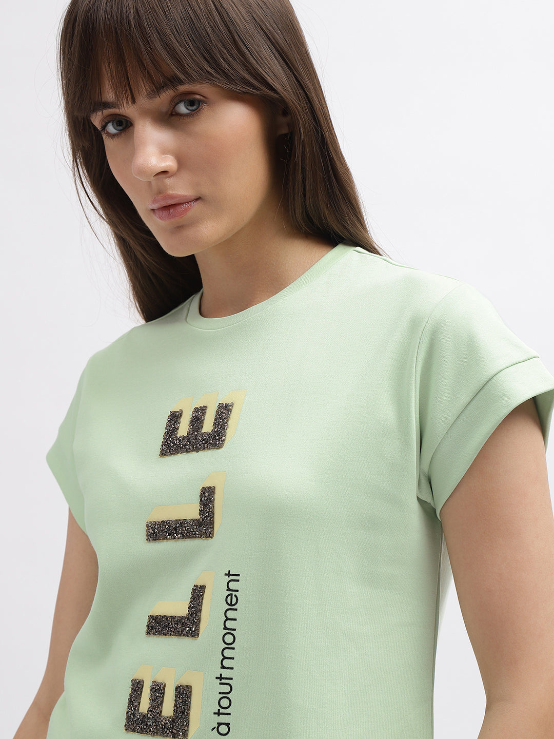 Elle Women Green Printed Round Neck Short Sleeves Tshirt