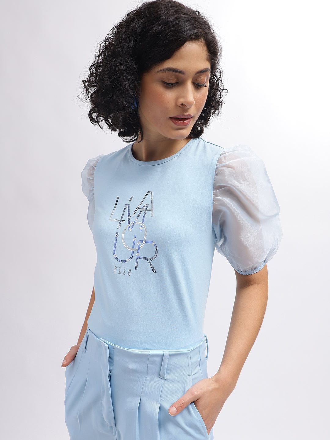 Elle Women Blue Crew Neck Tshirt