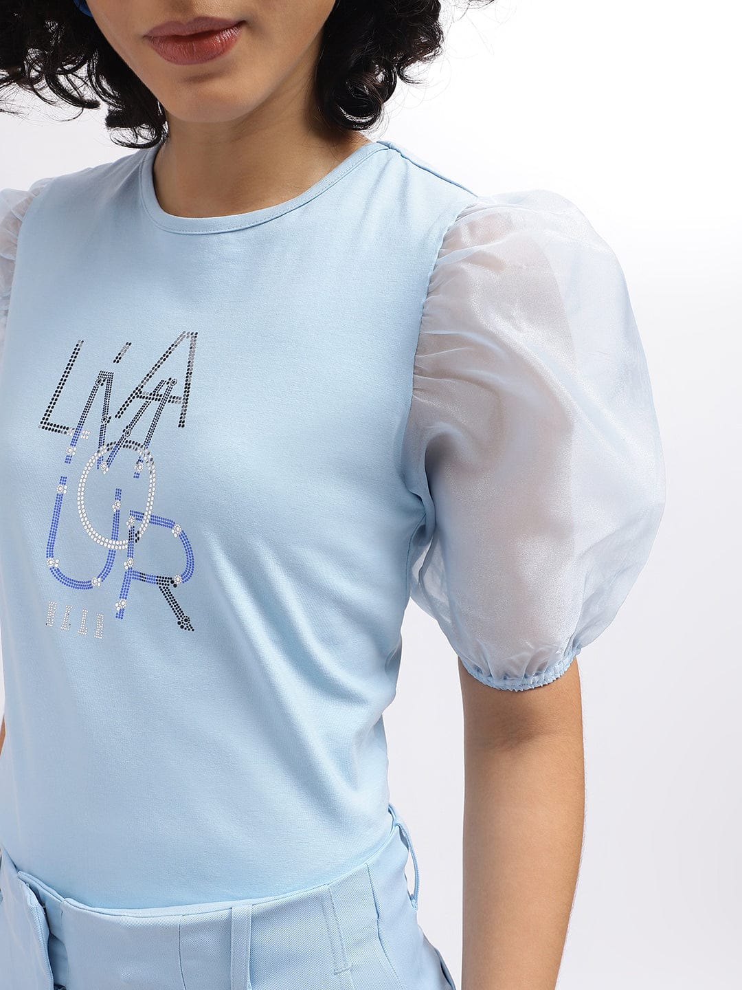 Elle Women Blue Crew Neck Tshirt